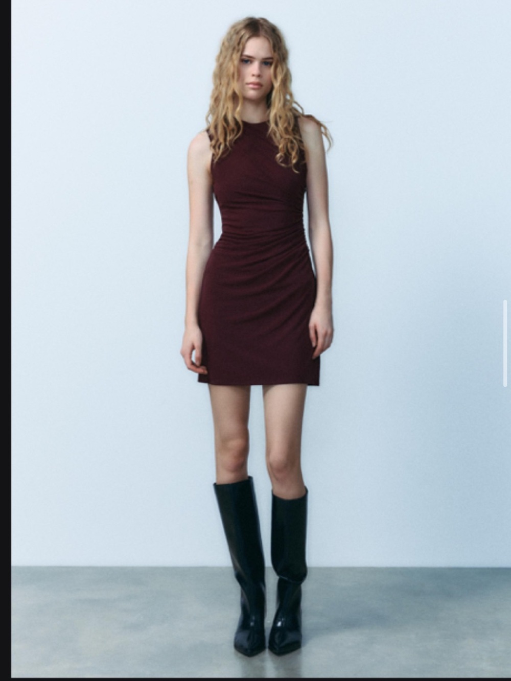 Zara Sleeveless Ruched Mini Dress in Burgundy